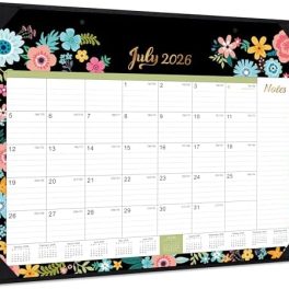 2026 Desk Calendar - Large Desk Calendar 2026, Jan. 2026 - Dec. 2026, 22" x 17", 12 Months, Corner Protectors - Black Floral