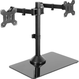 VIVO Freestanding Dual Monitor Stand with Sleek Glass Base and Adjustable Arms, Mounts 2 Screens up to 32 inch and 22 lbs Each, Black, STAND-V002FG